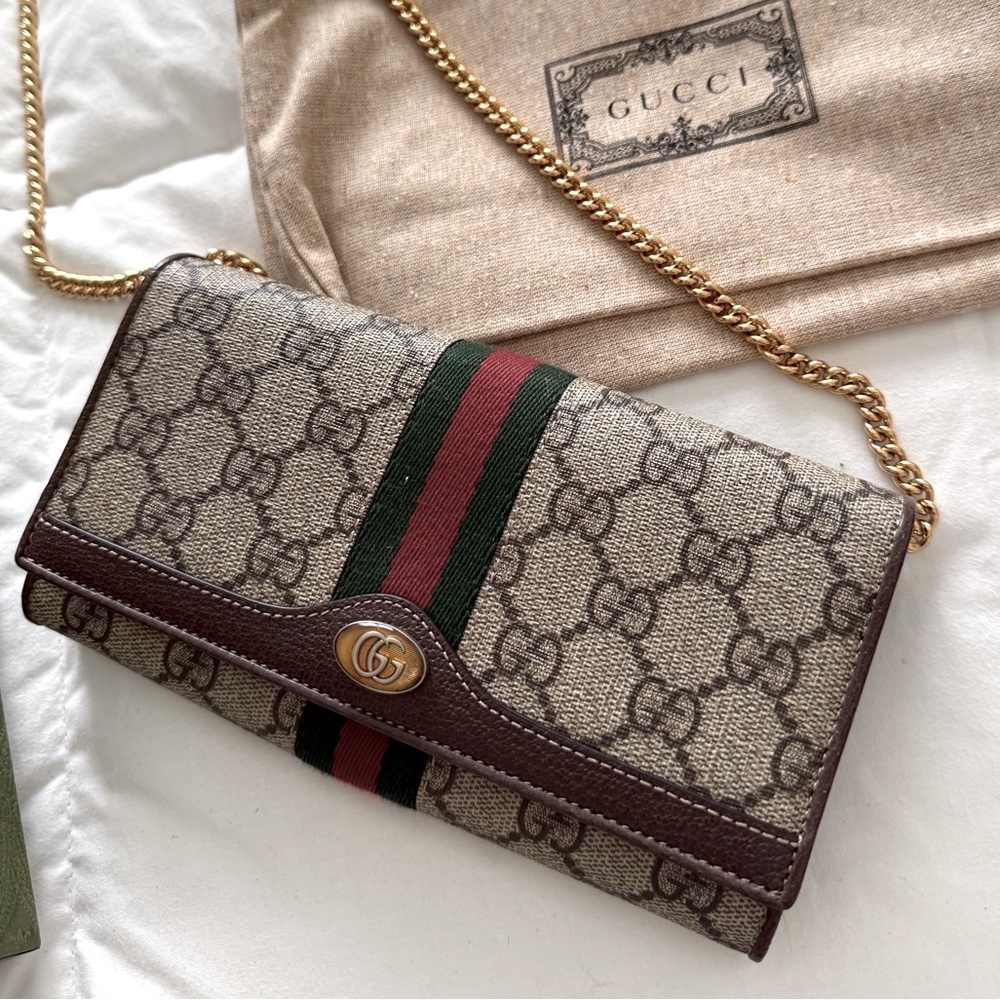 Gucci Monogram Clutch with Red and Green Stripe
